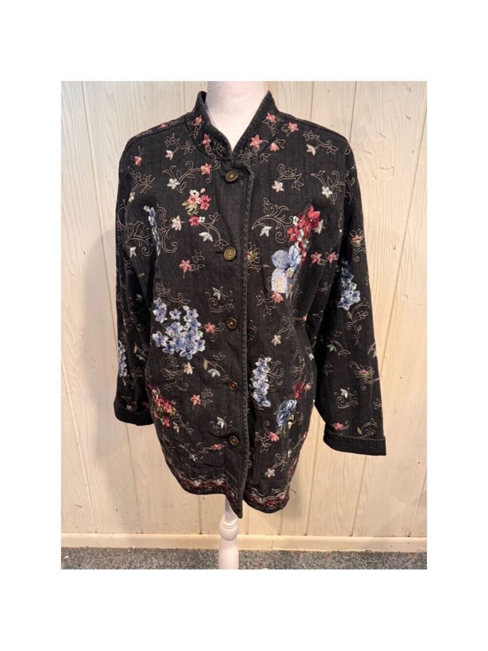 Denim & Co Embroidered Jacket Black Multi